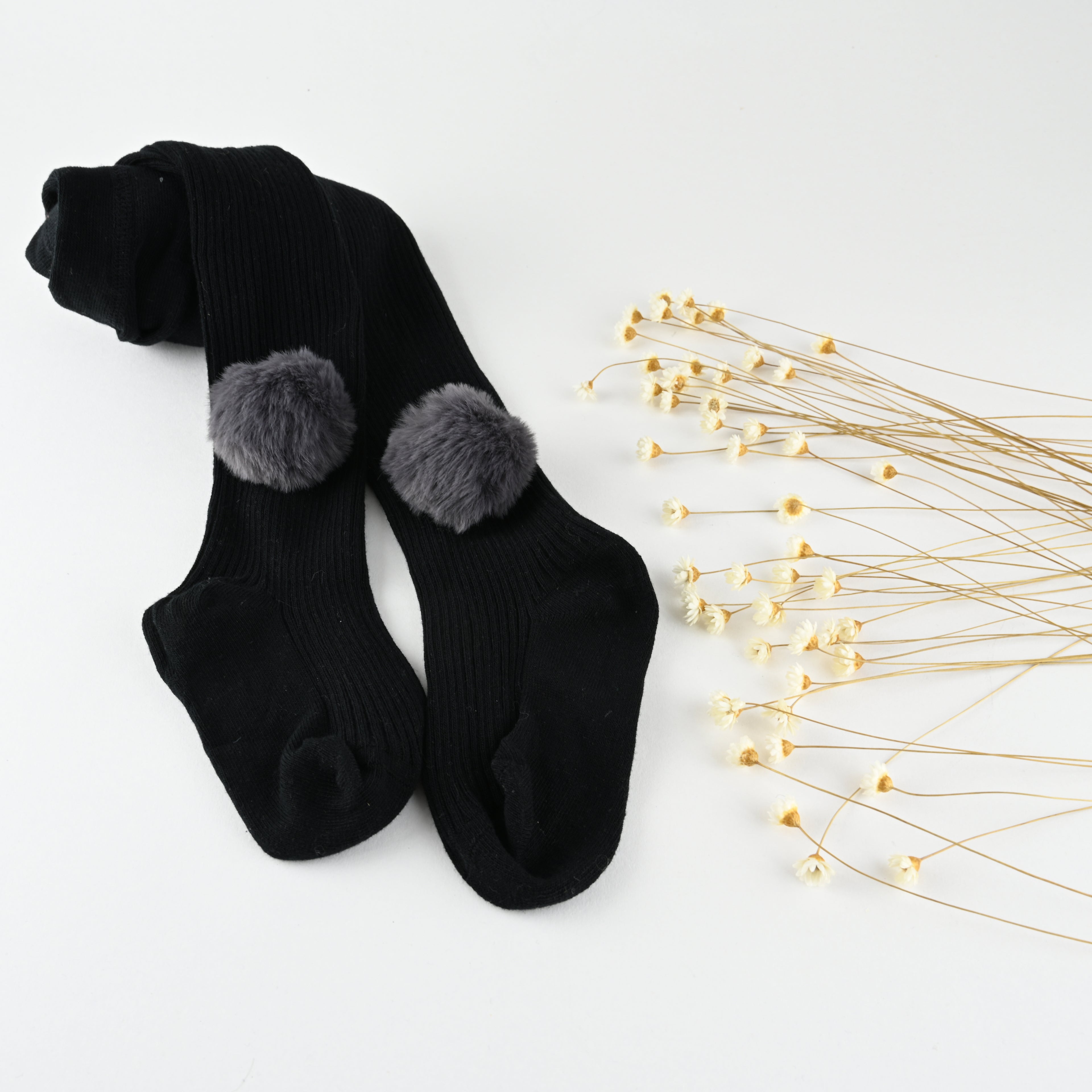 Ribbed Cotton Tights with Faux Fur Pom Poms for Girls; Toddlers — Soft, Breathable, Stretchy Everyday Tights