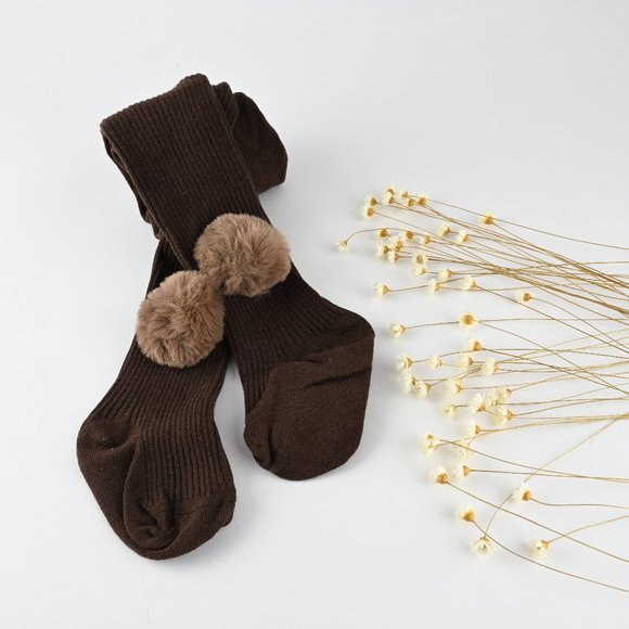 Ribbed Cotton Tights with Faux Fur Pom Poms for Girls; Toddlers — Soft, Breathable, Stretchy Everyday Tights