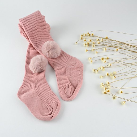 Ribbed Cotton Tights with Faux Fur Pom Poms for Girls; Toddlers — Soft, Breathable, Stretchy Everyday Tights