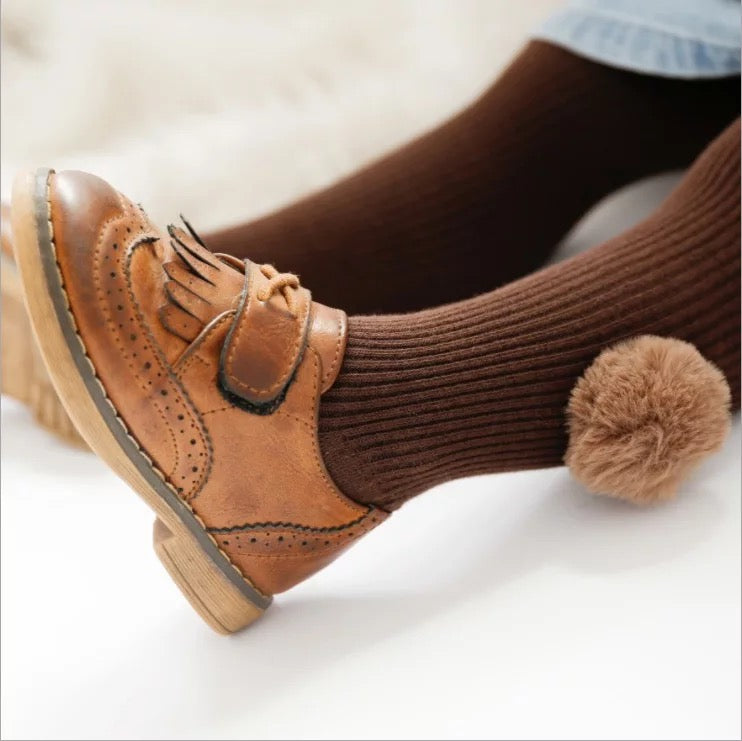 Ribbed Cotton Tights with Faux Fur Pom Poms for Girls; Toddlers — Soft, Breathable, Stretchy Everyday Tights