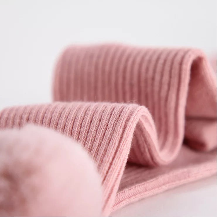 Ribbed Cotton Tights with Faux Fur Pom Poms for Girls; Toddlers — Soft, Breathable, Stretchy Everyday Tights