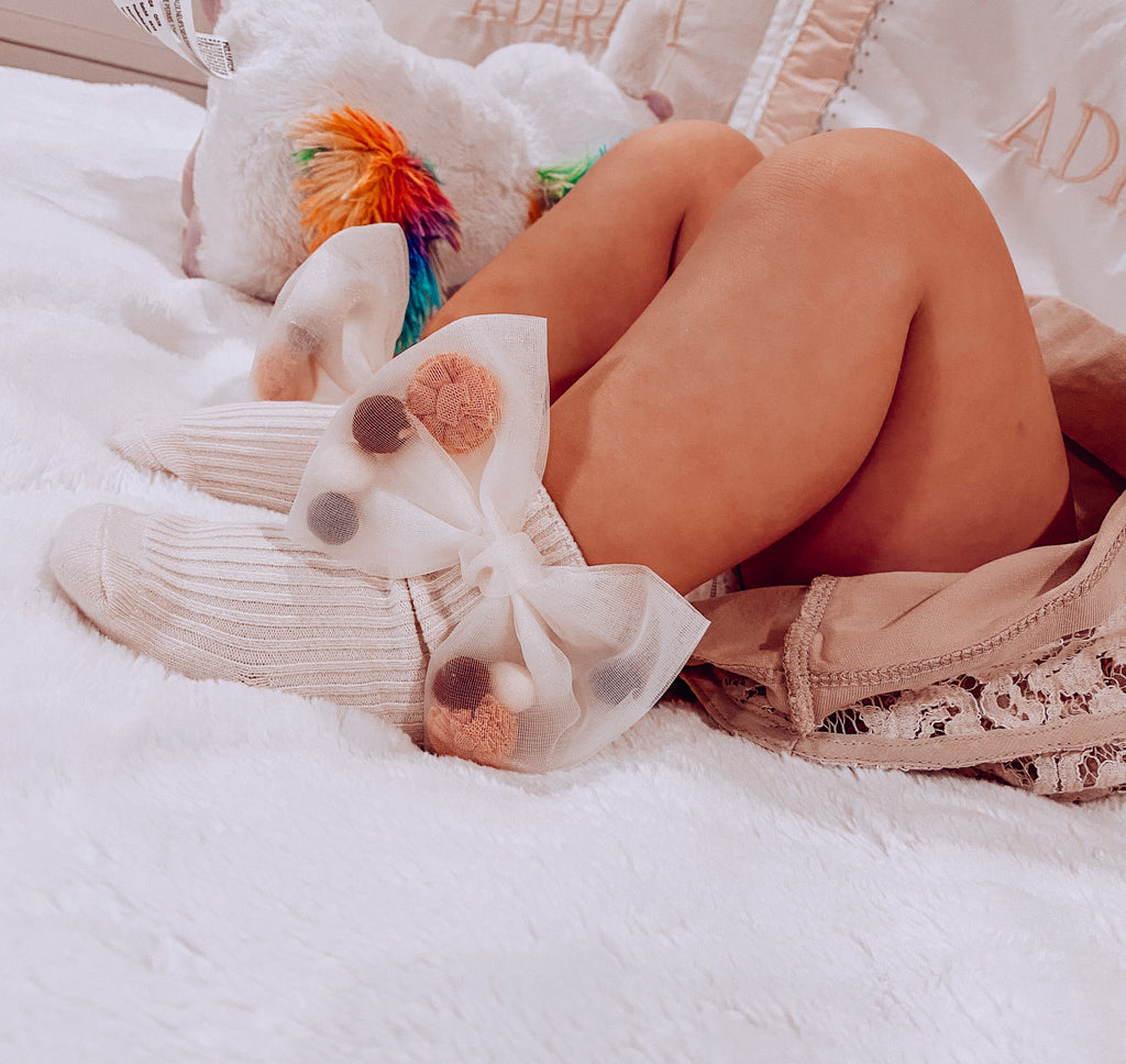 Baby socks with a large Bow and colorful pom poms inside the bow for Girls; Toddlers — Soft, Breathable, Non slip bottoms, Fashion