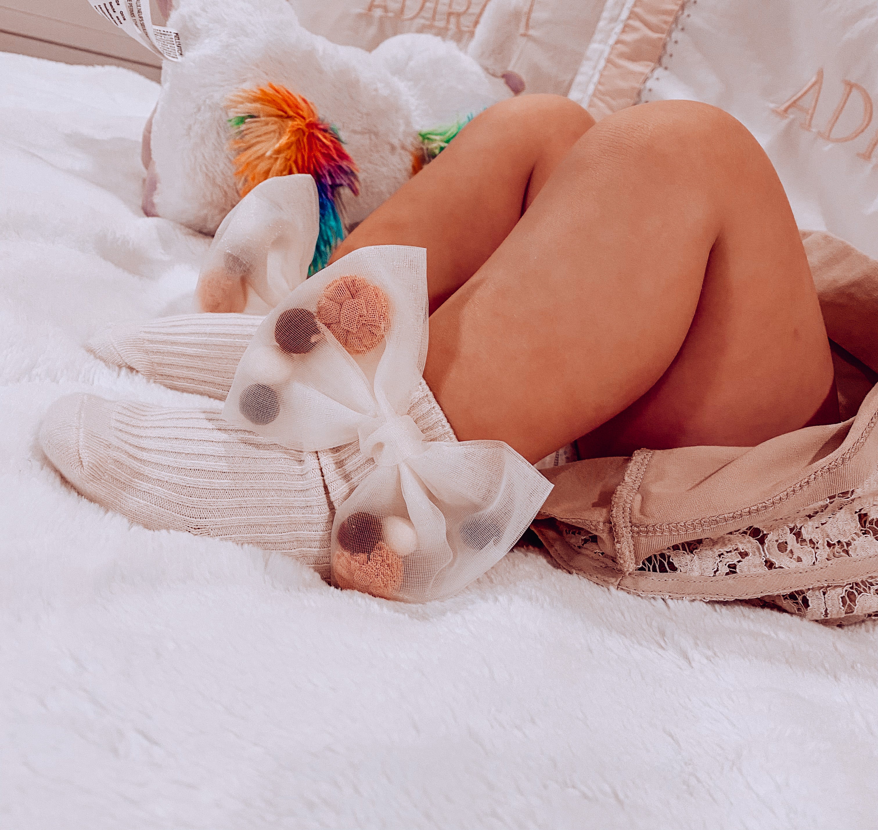 Baby socks with a large Bow and colorful pom poms inside the bow for Girls; Toddlers — Soft, Breathable, Non slip bottoms, Fashion