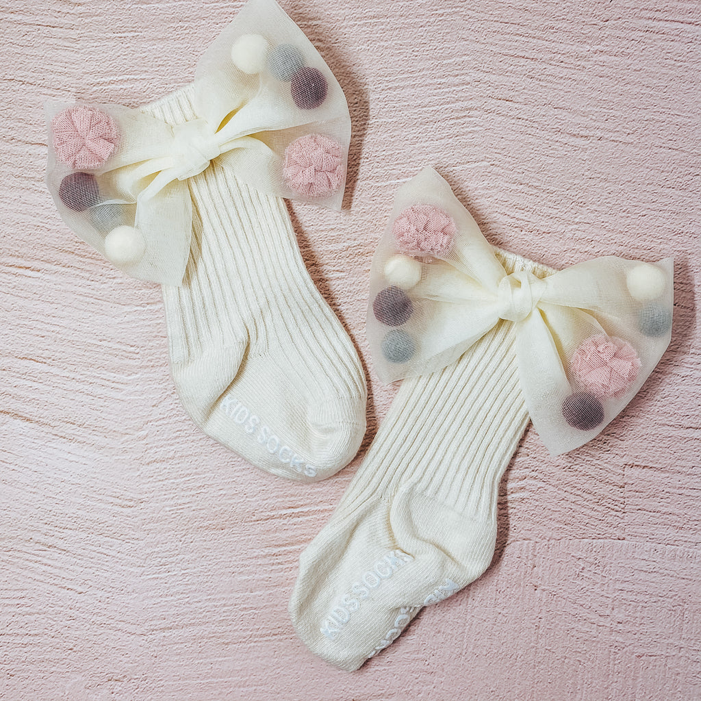 Baby socks with a large Bow and colorful pom poms inside the bow for Girls; Toddlers — Soft, Breathable, Non slip bottoms, Fashion