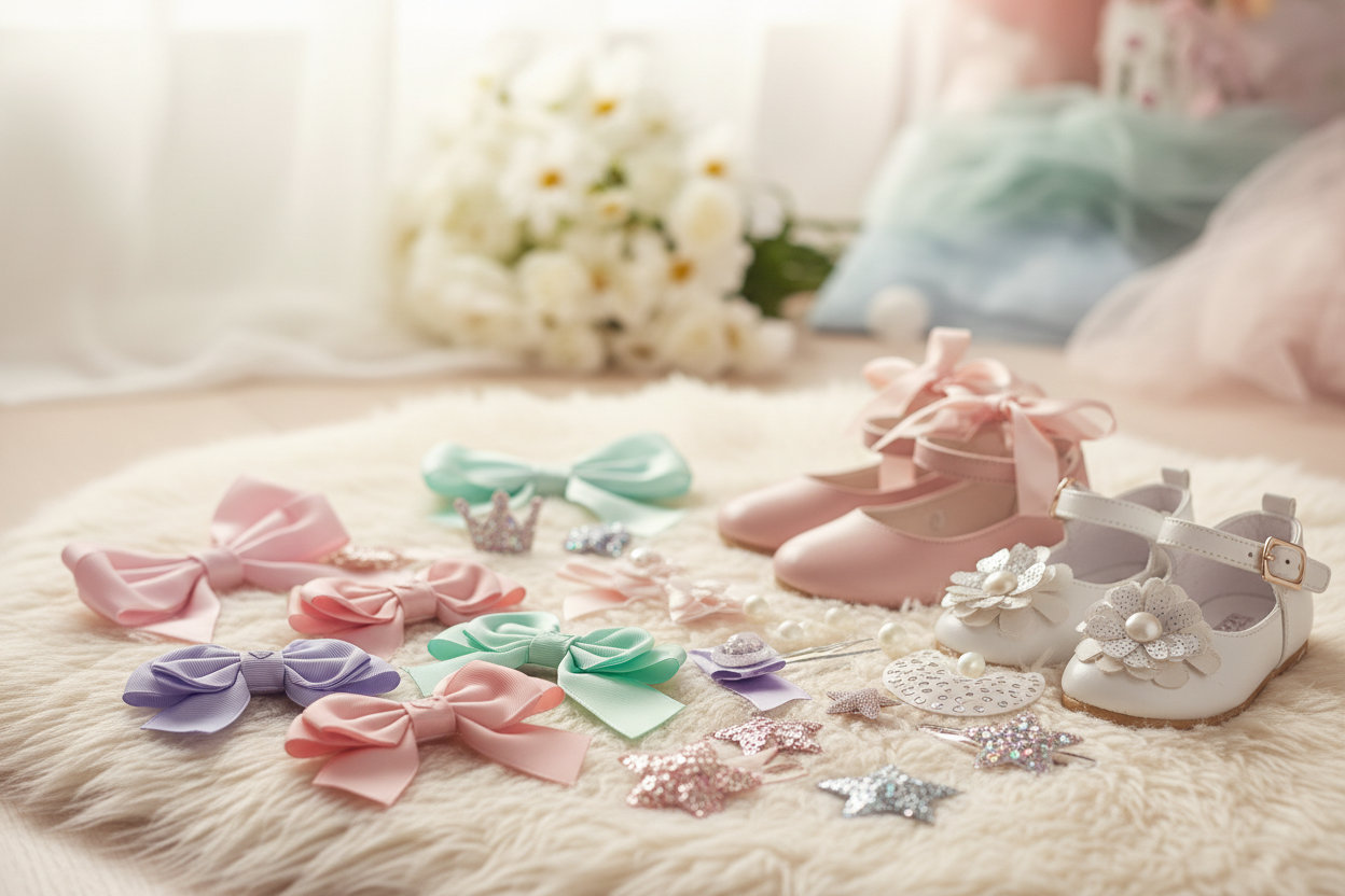 generate main background photo for online store for Stylish Feet and Hair Accessories for Little Fashionistas girls